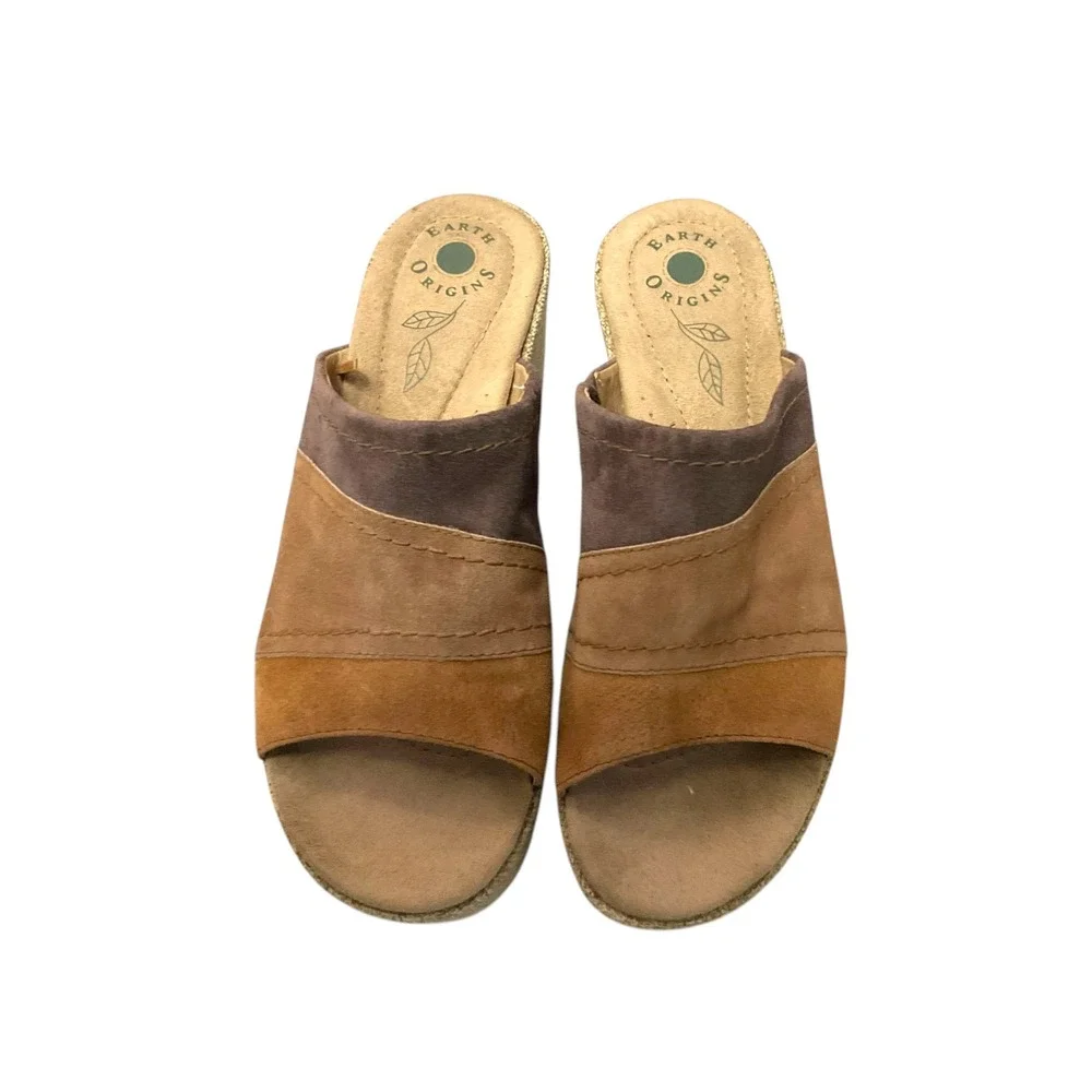 Earth Origins Myra Brown Suede Tri-Color Wedge Sandals Mens 9.5M Platform Mules